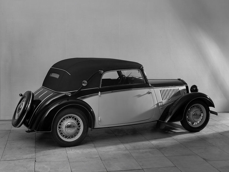 Black and white photo of a DKW F 5 from the diagonal rear